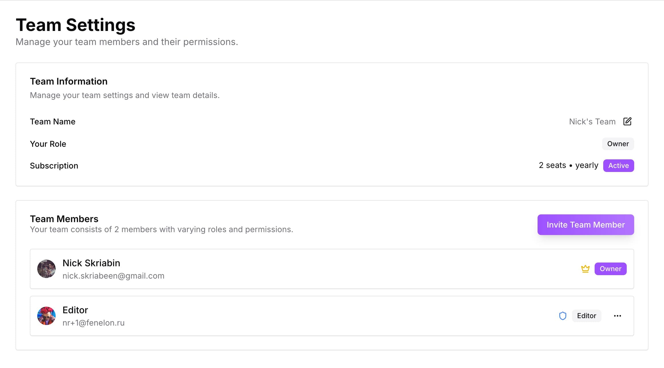 Team Management Interface